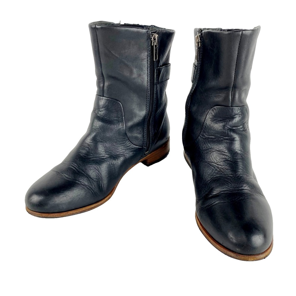 UGG Mid-Calf Leather Boots Women's 7.5 Black Moto Flats Shoes 38.5 Wool Insoles